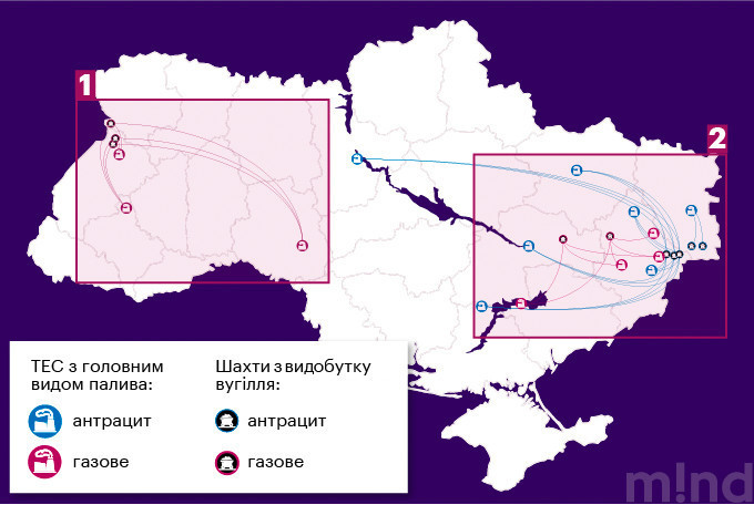 Логістична неефективність: мапа ТЕС та шахт Логістична неефективність: мапа ТЕС та шахт